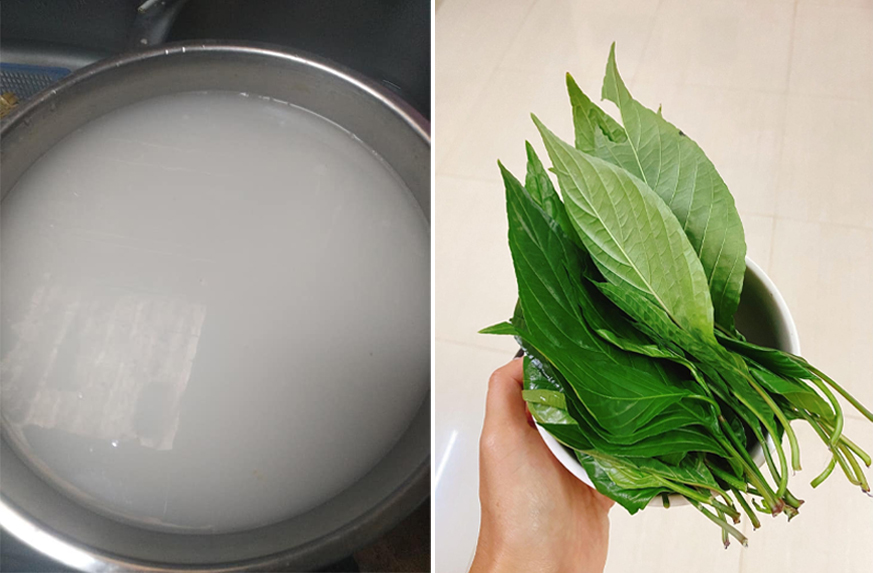 Gạo nếp ngâm và lá cẩm tím